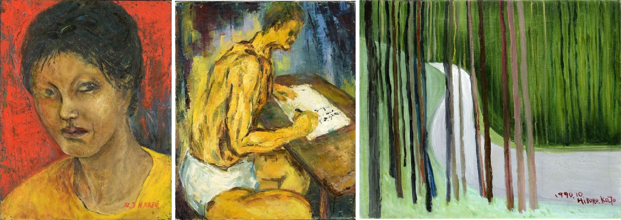 加藤博子氏作品。左：自画像（1972年9月）、中央：労働者の夜（1970年より以前）、右：道（1990年10月）